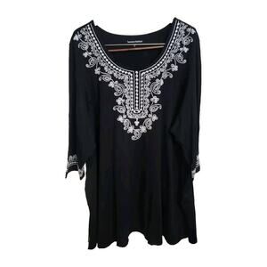 Woman Within Womens Top Plus Size 3X 30 32 Black Embroidered Boho Lagenlook